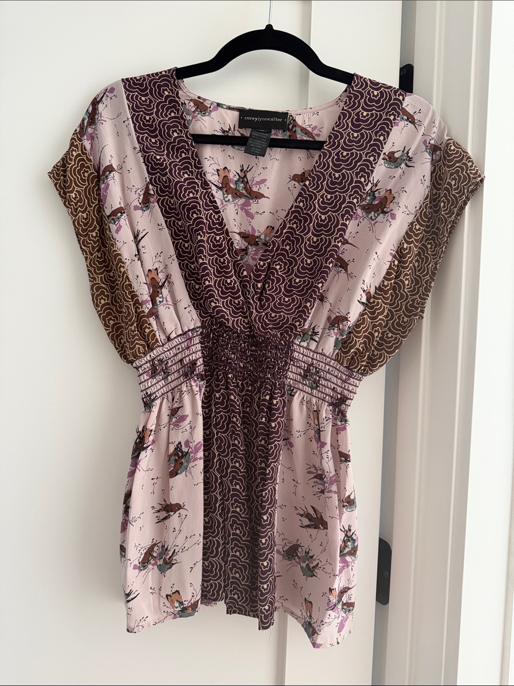 Corey Lynn Calter Pink and Brown V-Neck Smocked Waist Tunic